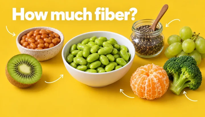 How much fiber headline beside a bowl of shelled edamame with baked beans, chia seeds, a halved kiwi, green grapes, an orange and broccoli