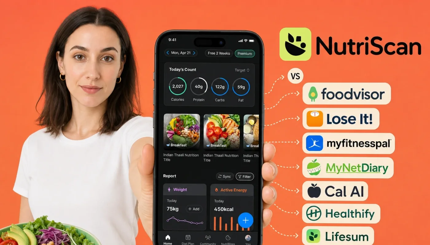 Phone propped beside a home-cooked meal showing a photo calorie scan result, with several rival tracking apps laid out for comparison