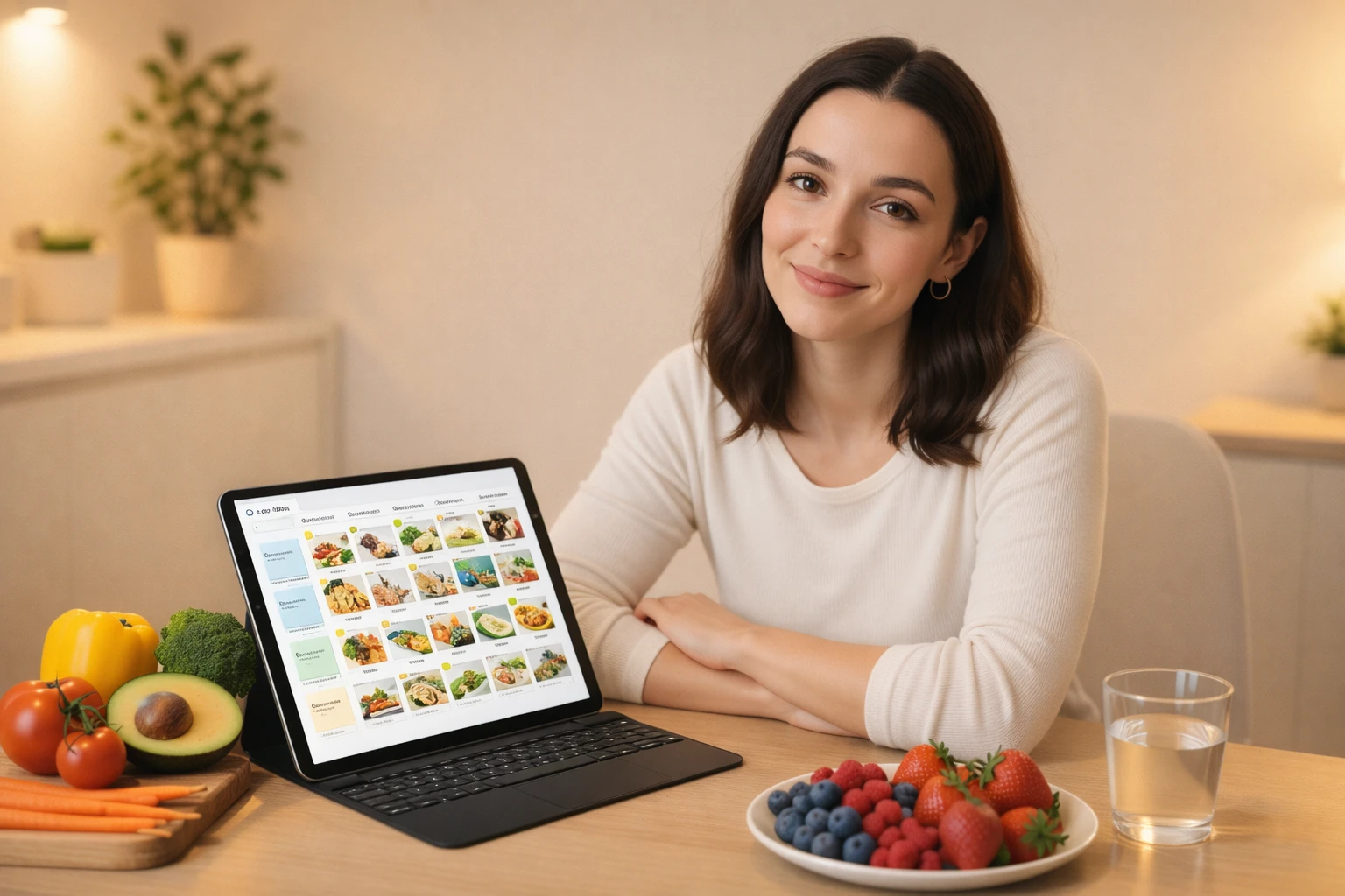 Nutrition coach reviewing a personalized meal plan with fresh fruits and vegetables