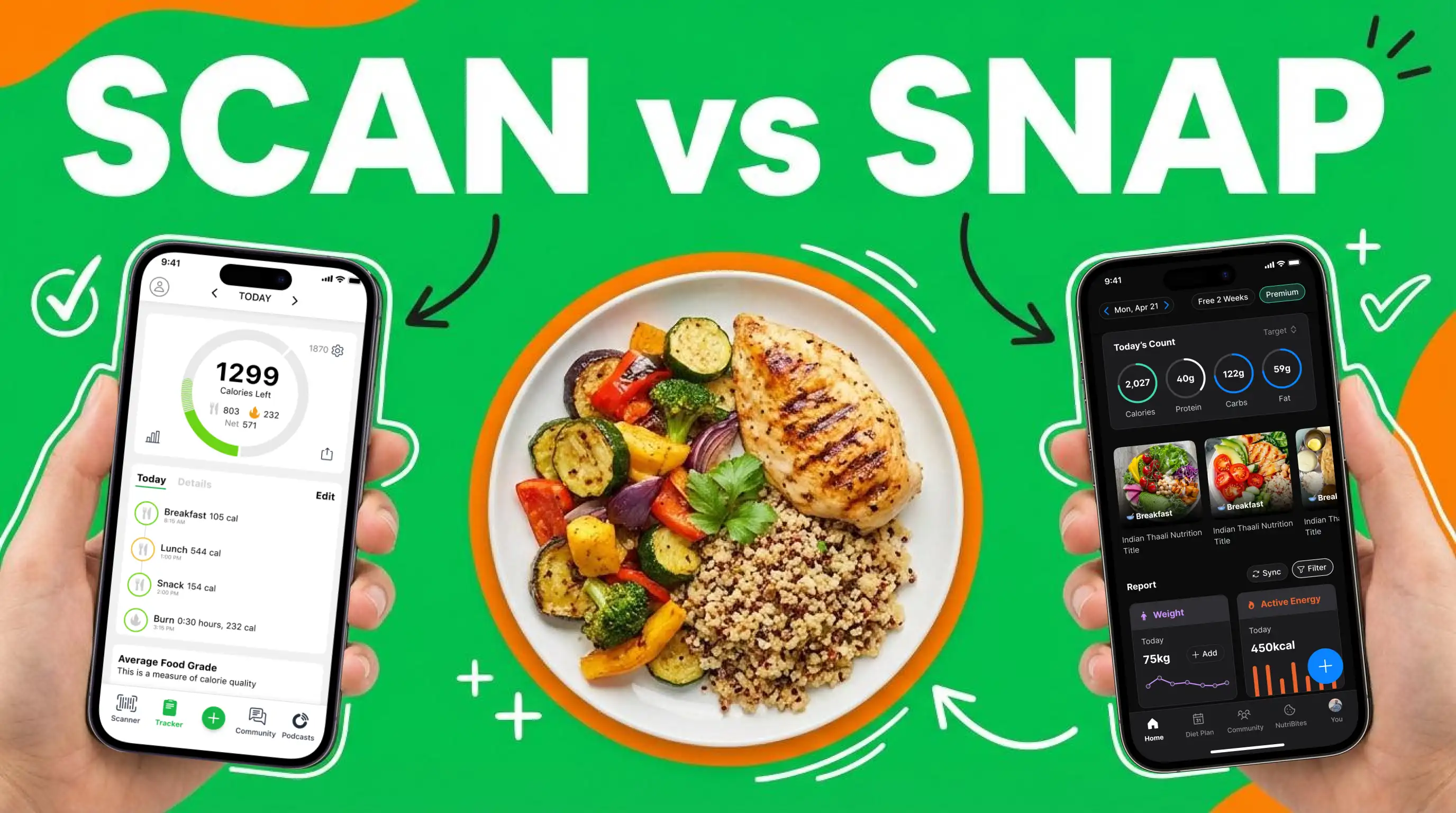 Side-by-side comparison of NutriScan AI photo scanning and Fooducate barcode scanning nutrition apps