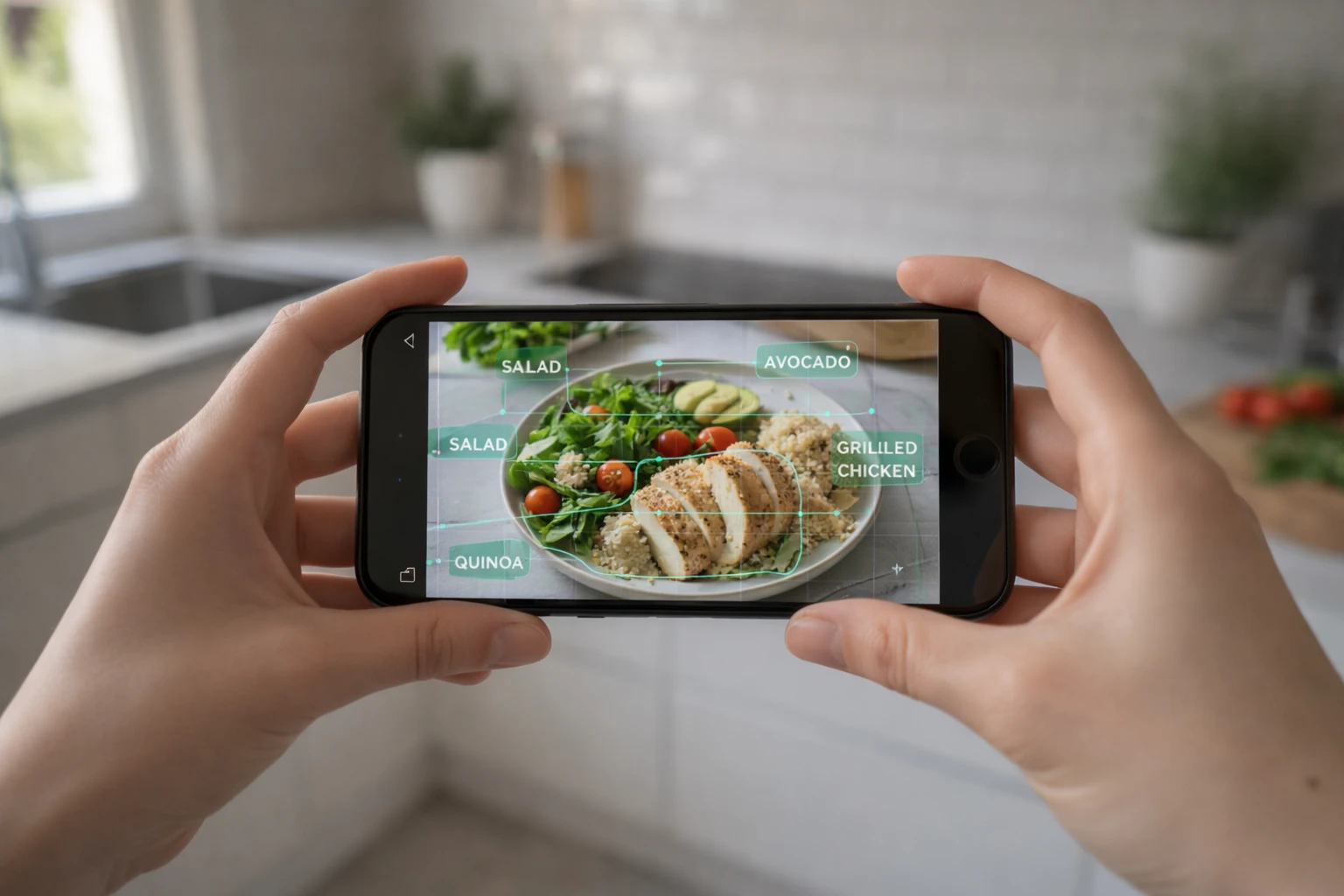 Person using smartphone to scan healthy meal with AI nutrition app