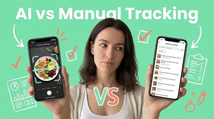 Two smartphone nutrition apps side by side comparing AI photo scanning versus manual food logging