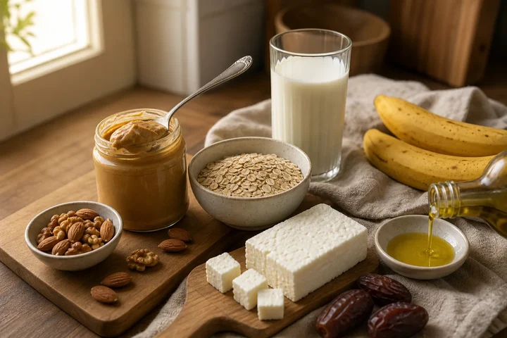 Peanut butter, oats, whole milk, almonds, walnuts, bananas, olive oil, paneer and dates arranged on a kitchen counter