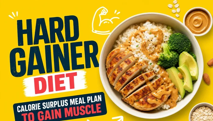Bowl of white rice with sliced grilled chicken, broccoli and avocado on a yellow background, with peanut butter, oats and almonds around it and the headline Hard Gainer Diet