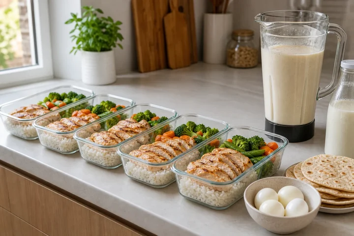 Glass containers of rice, grilled chicken and vegetables lined up on a counter beside a blender jug of milk shake, a carton of milk and boiled eggs
