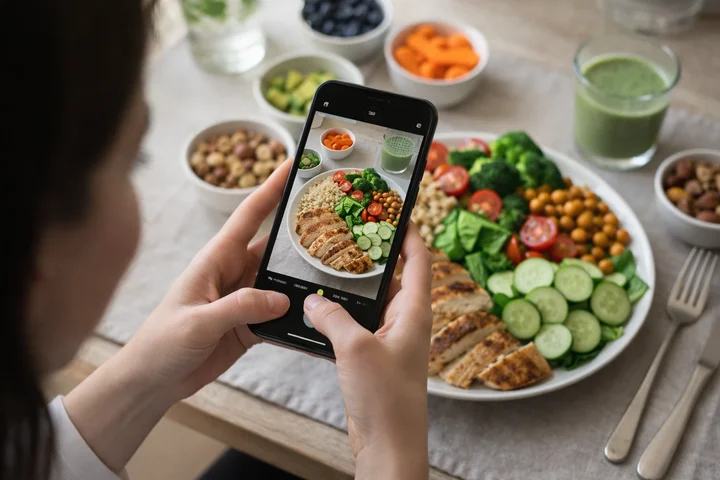 Person taking photo of healthy meal with smartphone for nutrition tracking