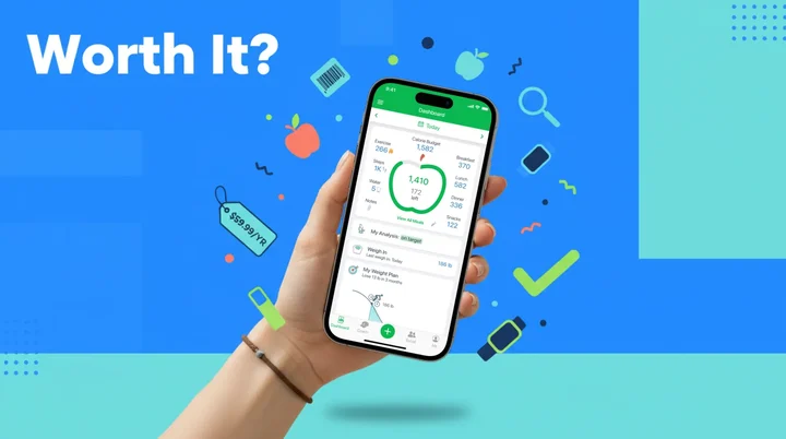 MyNetDiary Premium 2026 review hero - smartphone with calorie tracking app open beside a healthy plate of food