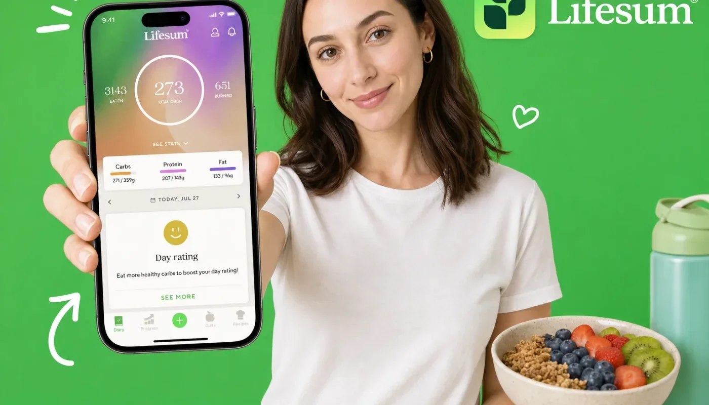 Smartphone with a food logging app propped beside a curry bowl, grilled salmon, and fresh salad, representing the best Lifesum alternatives in 2026