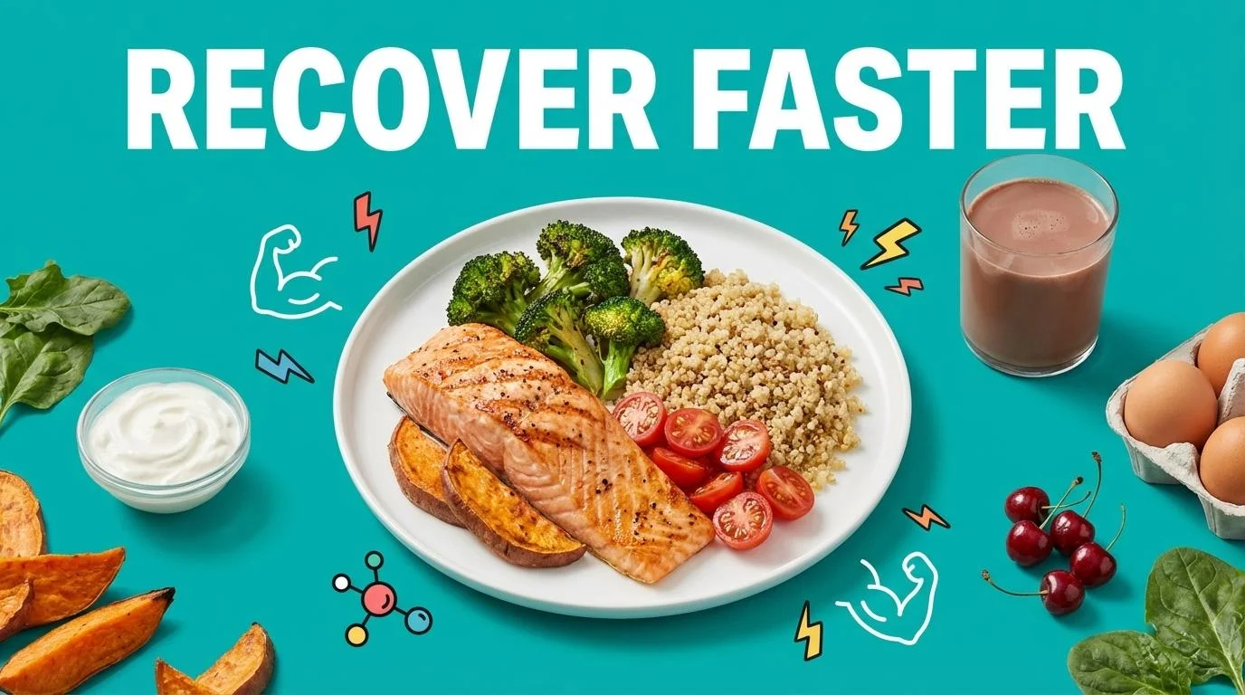 Post-workout muscle recovery meal with grilled salmon, quinoa and colorful vegetables on wooden cutting board