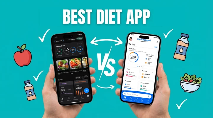 स्मार्टफोन पर nutrition tracking apps की तुलना करता हुआ व्यक्ति
