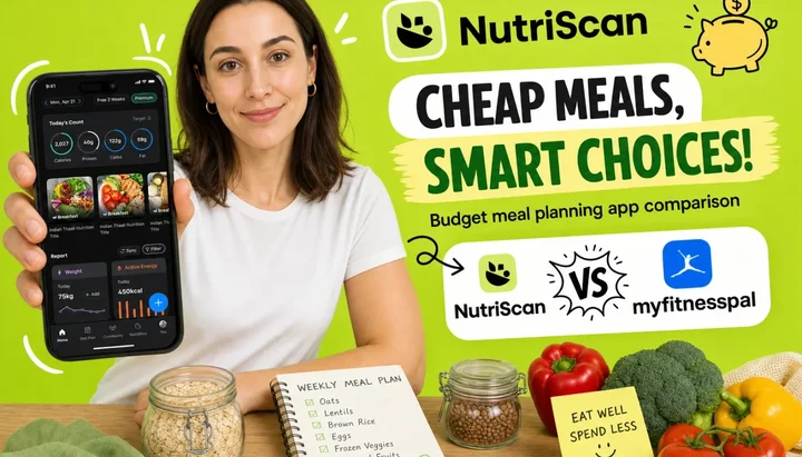 A paper grocery list on a kitchen counter next to a phone showing a weekly meal plan, with vegetables and dry staples in the background