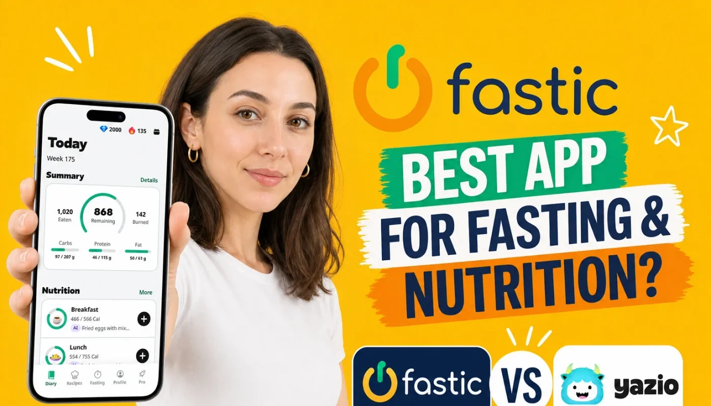Two smartphones side by side showing fasting timer app and calorie tracker app, representing the Fastic vs YAZIO comparison for 2026