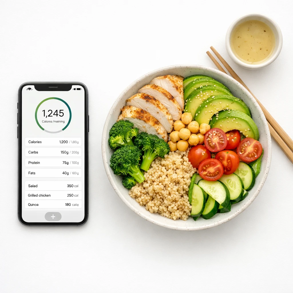 Phone with a calorie tracking app next to a healthy meal bowl on a clean background