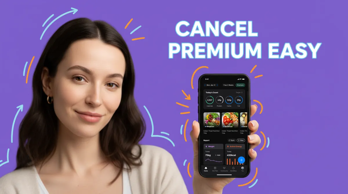 Person holding smartphone showing subscription management screen on a minimal desk with a water glass and plant