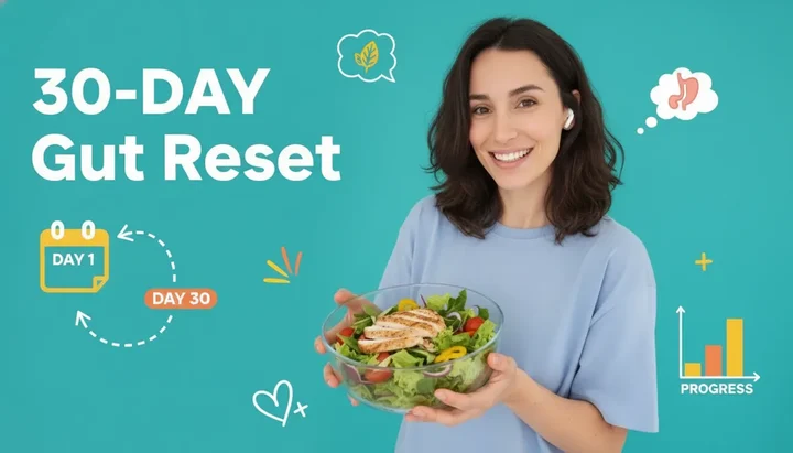 A calm kitchen setup with fresh vegetables, fermented foods, and a glass of water representing a healthy gut reset journey