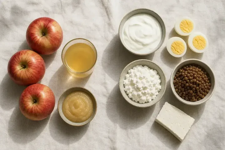 Flat lay with whole apples, apple juice and applesauce on the left and Greek yogurt, boiled eggs, cottage cheese, lentils and white cheese on the right