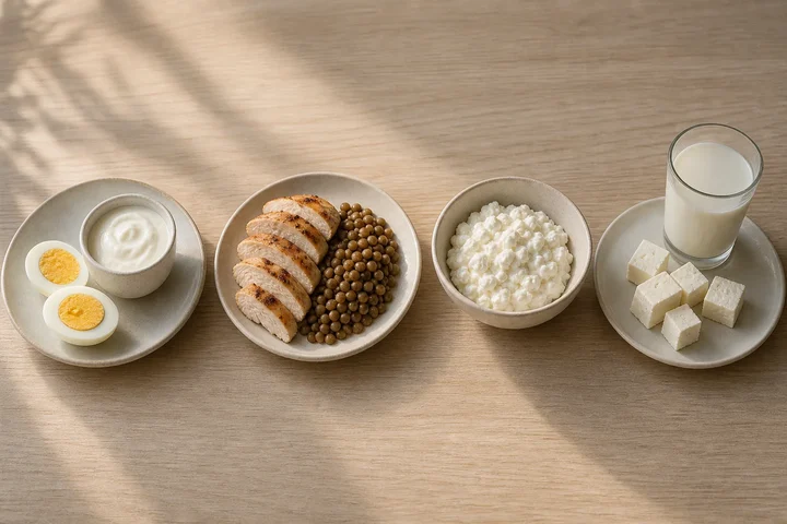 Four small protein servings on separate plates: eggs with yogurt, grilled chicken with lentils, cottage cheese, and white cheese with milk