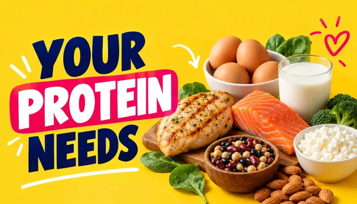 Yellow poster banner reading How Much Protein Per Day You Actually Need beside a plate of salmon, grilled chicken, cottage cheese, cheese, eggs, tofu and chickpeas