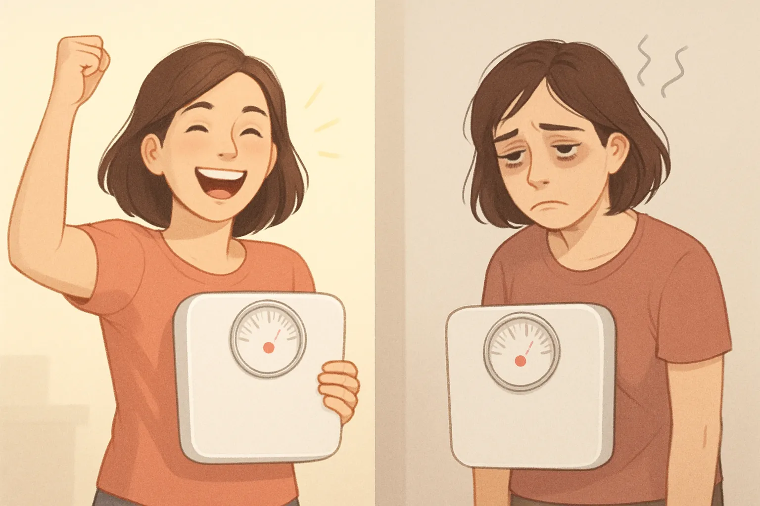 People celebrating weight loss with confusion and disappointment showing the reality vs expectation of diet culture