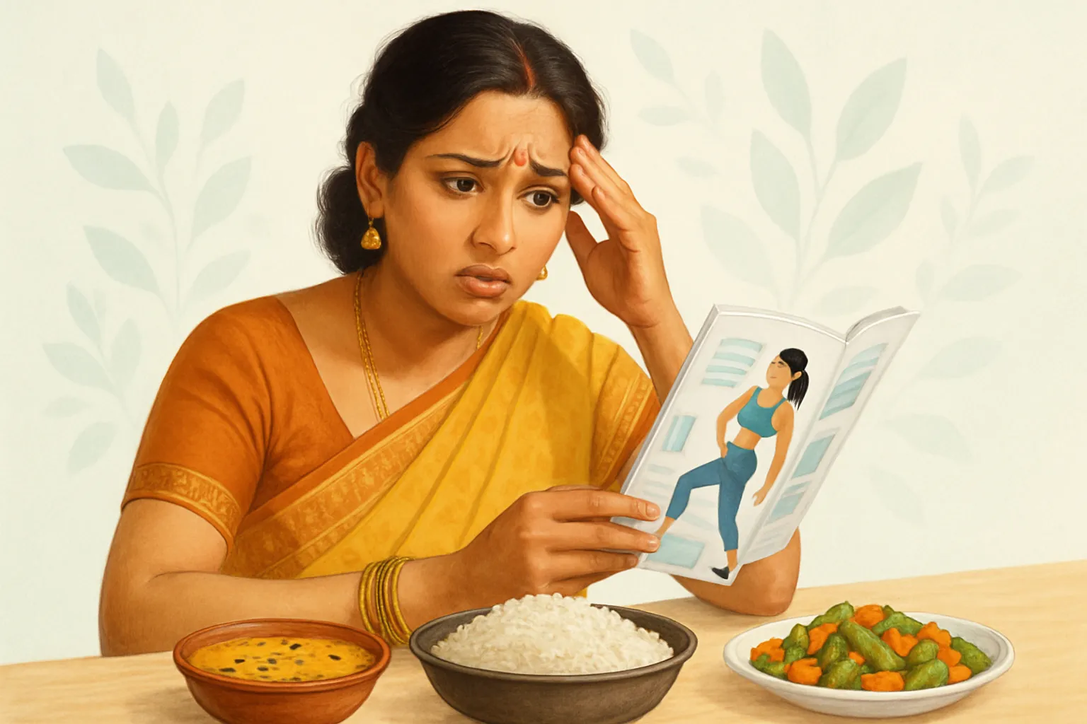 Traditional Indian woman looking confused at Western diet plan, representing the mismatch between generic weight loss advice and Indian genetic requirements