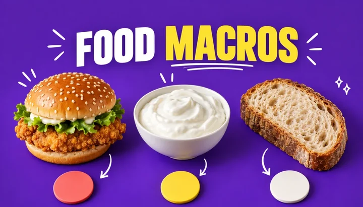 Food Macros headline above a crispy chicken sandwich, a bowl of plain Greek yogurt and a slice of sourdough bread, each with a colored disc below it