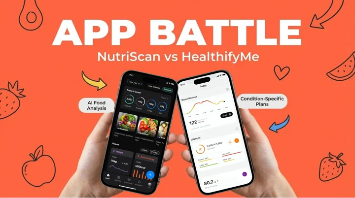 Two smartphones displaying nutrition tracking apps side by side with healthy food in background