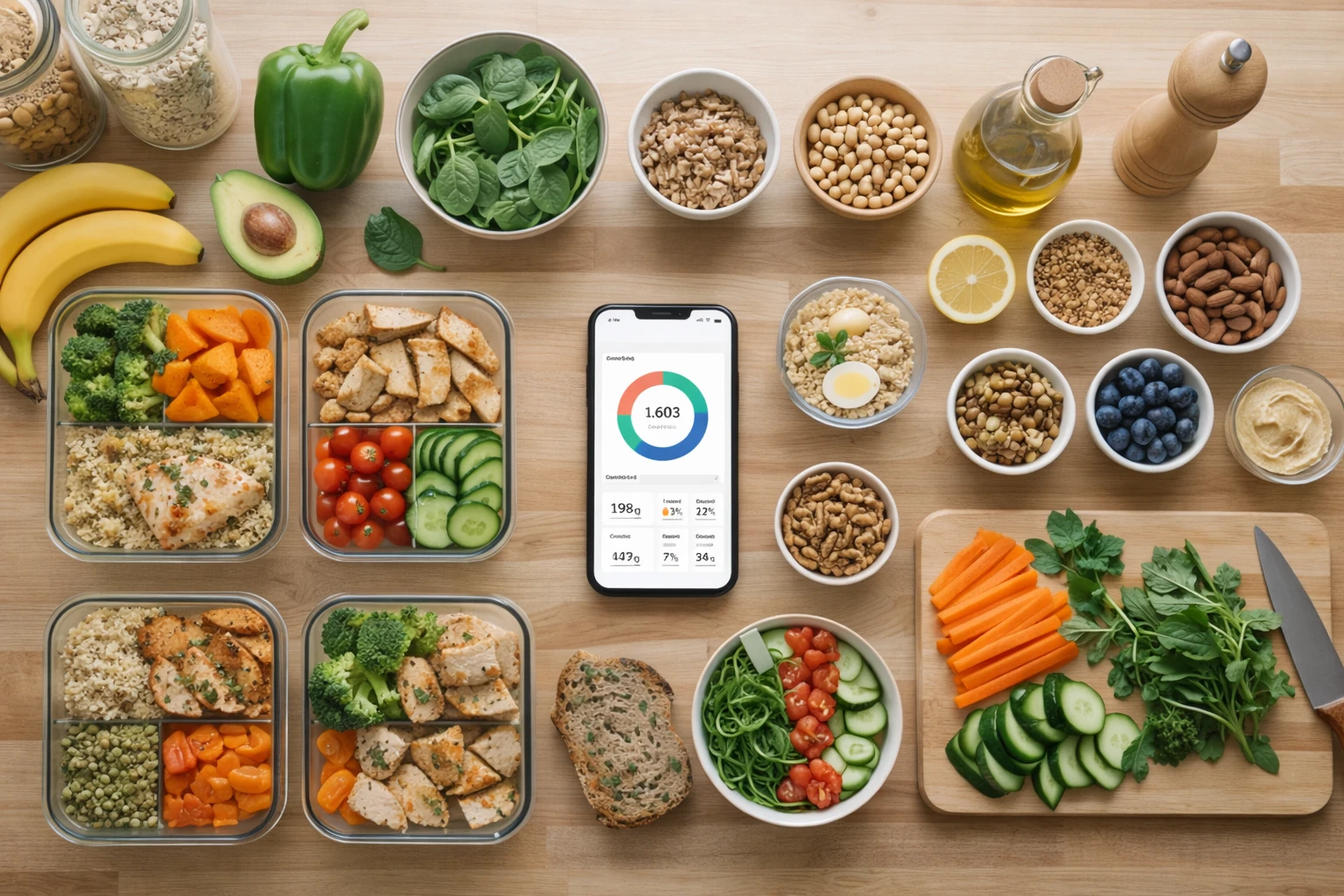 Healthy meal prep with smartphone showing nutrition data