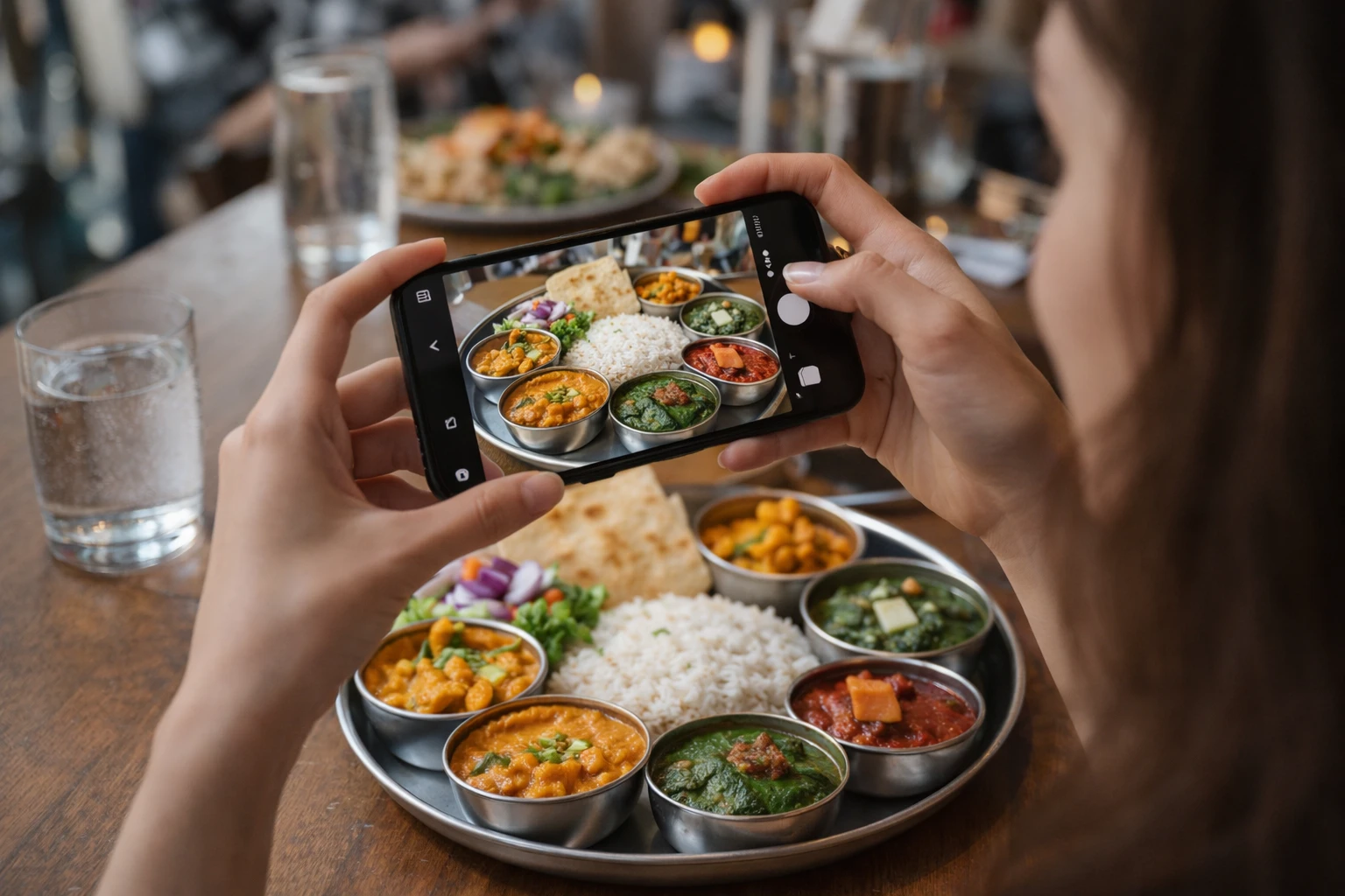 Person taking a photo of a colorful Indian thali meal with smartphone for nutrition tracking