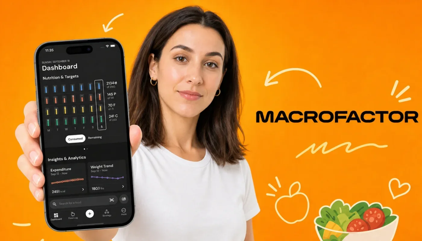 Smartphone with a macro tracking app beside a healthy meal bowl and a few coins, representing the search for cheaper MacroFactor alternatives in 2026