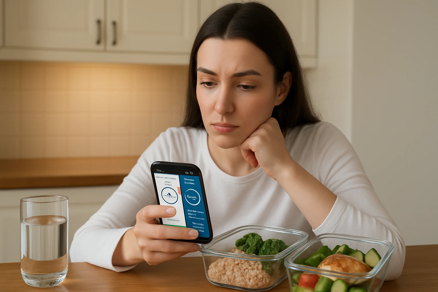 Person at a kitchen table comparing nutrition tracking apps on a smartphone with meal prep containers nearby