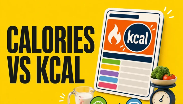 Bold yellow poster reading Calories vs kcal beside a stylized nutrition panel card with a kcal badge, a measuring cup and a kitchen scale