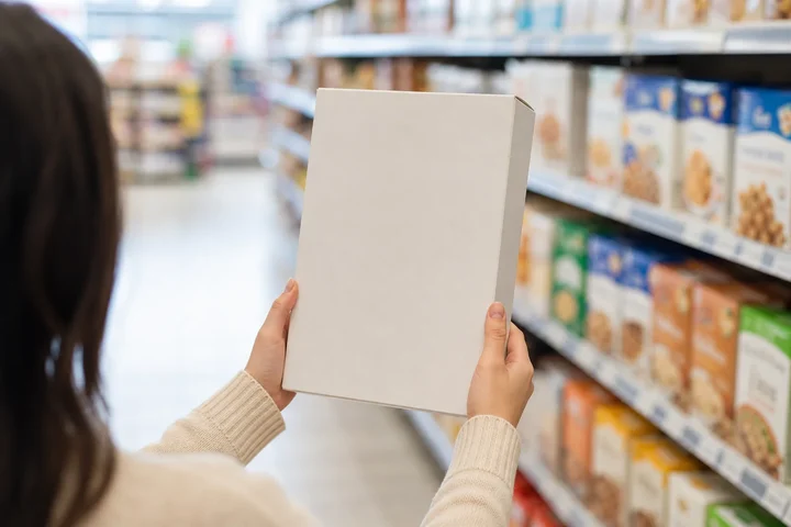 Shopper in a supermarket aisle turning a plain cereal box around to read the panel on the back