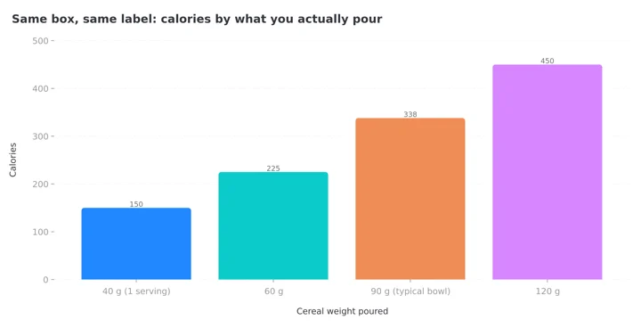 Chart of cereal calories at four portion weights, rising from 150 at 40 g to 450 at 120 g