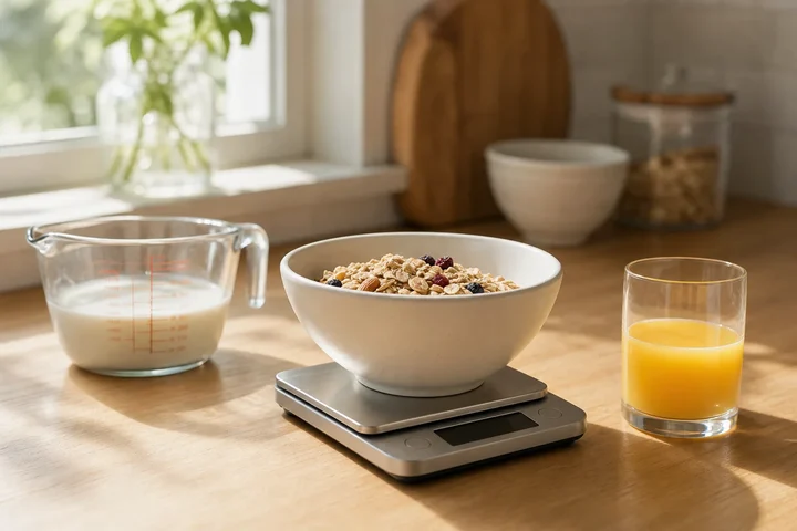Bowl of cereal on a digital kitchen scale beside a measuring cup and a glass of orange juice in morning light