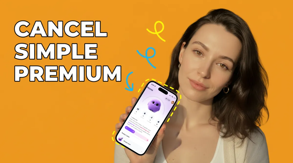 Person holding smartphone showing subscription settings on a clean white desk with notepad and water glass