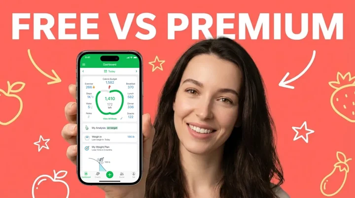 MyNetDiary app pricing comparison showing free and premium plan features on a phone screen