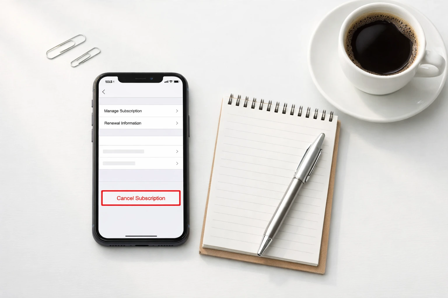 iPhone on desk showing subscription settings alongside a notepad