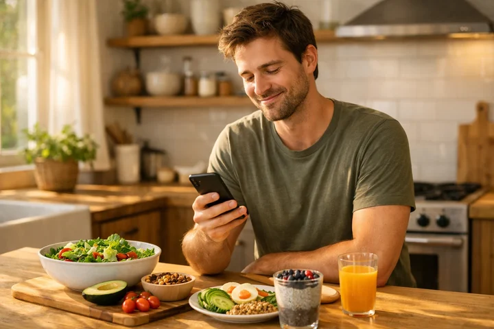 Person genießt gesundes Essen und nutzt dabei eine Ernährungs-App auf dem Handy