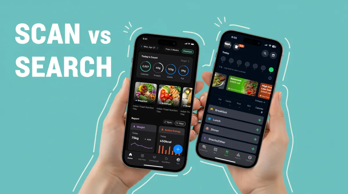 Side-by-side comparison of NutriScan and FatSecret nutrition tracking apps showing AI meal scanning vs manual database entry
