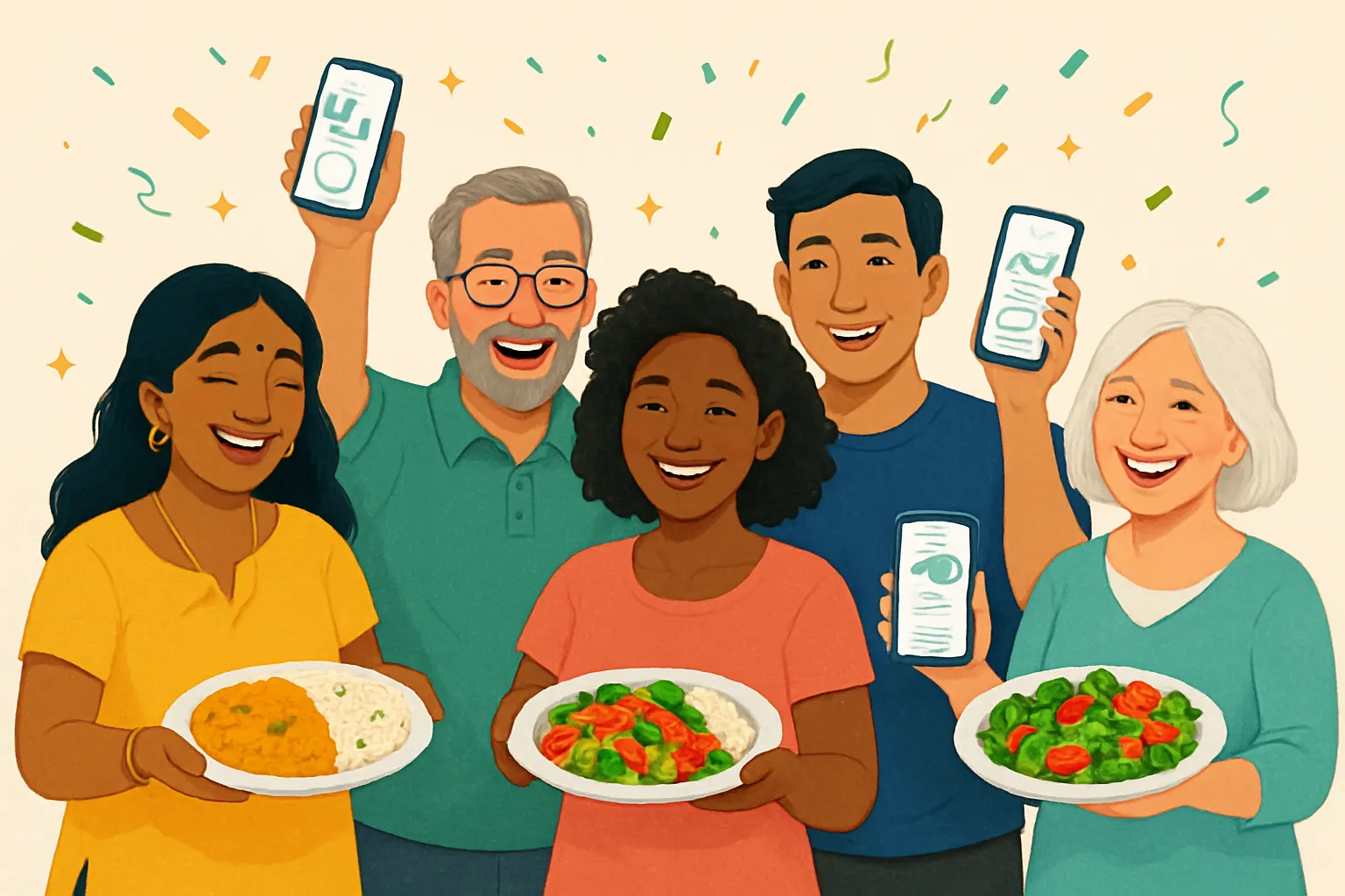 Happy diverse group celebrating health success with different cultural foods representing personalized nutrition for everyone