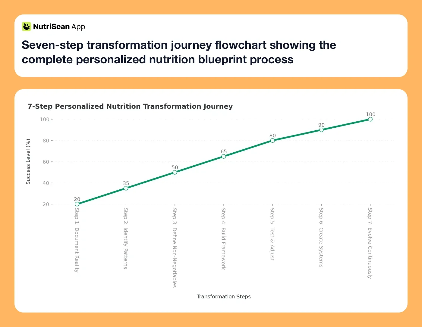 Seven-step transformation journey flowchart showing the complete personalized nutrition blueprint process