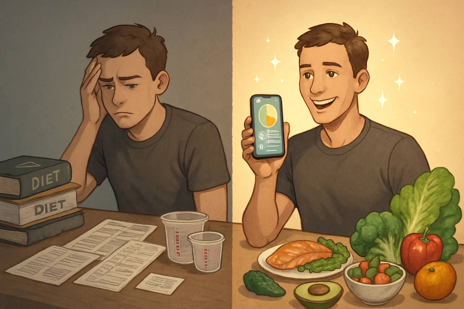 Before and after comparison showing the transformation from generic diet failure to personalized nutrition success