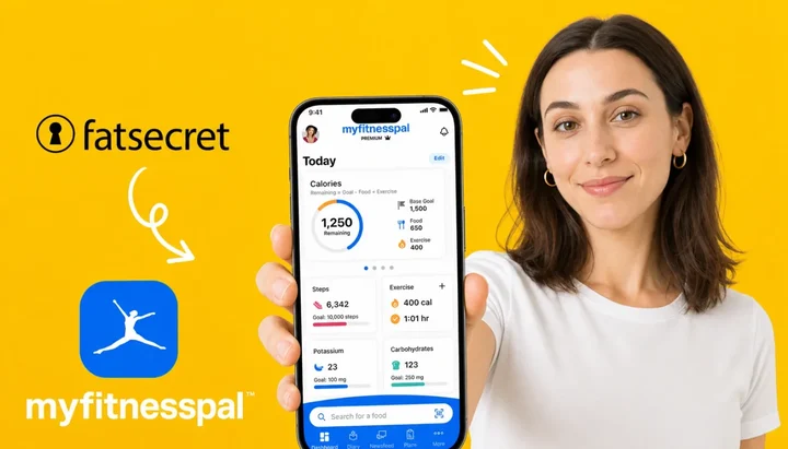 A woman holding up a phone showing the MyFitnessPal dashboard, with the FatSecret logo and an arrow pointing to the MyFitnessPal logo on a yellow background