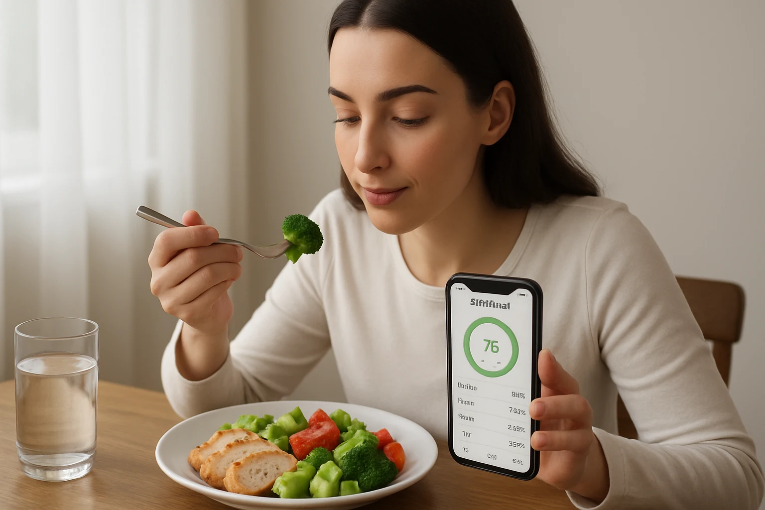Person using NutriScan app to photo-log a healthy meal at a dining table, showing nutrition tracking for the wedding diet plan