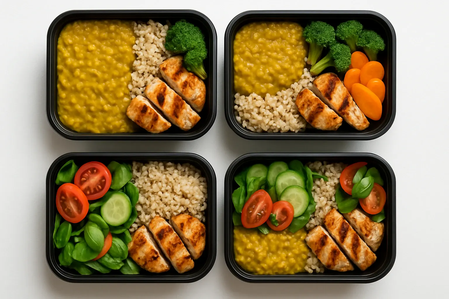 Flat lay of healthy Indian meal prep containers with dal, brown rice, grilled chicken, vegetables, and salad on a white surface