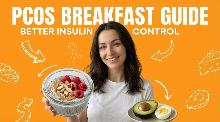 Balanced PCOS-friendly breakfast with eggs, avocado, and vegetables showing the protein-fiber-fat formula for insulin control