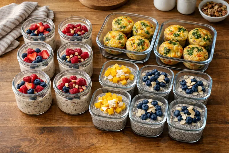 Meal prep containers with various PCOS-friendly breakfast options including overnight oats and egg muffins