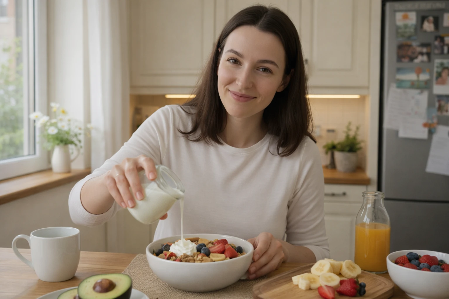 Woman preparing a healthy breakfast in a bright kitchen, showing the importance of morning meal for PCOS management