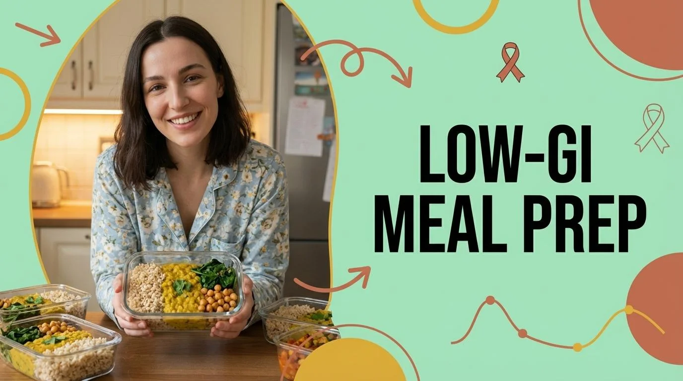 Colorful Indian low-GI meal prep containers with dal, brown rice, and vegetables arranged on a clean kitchen counter