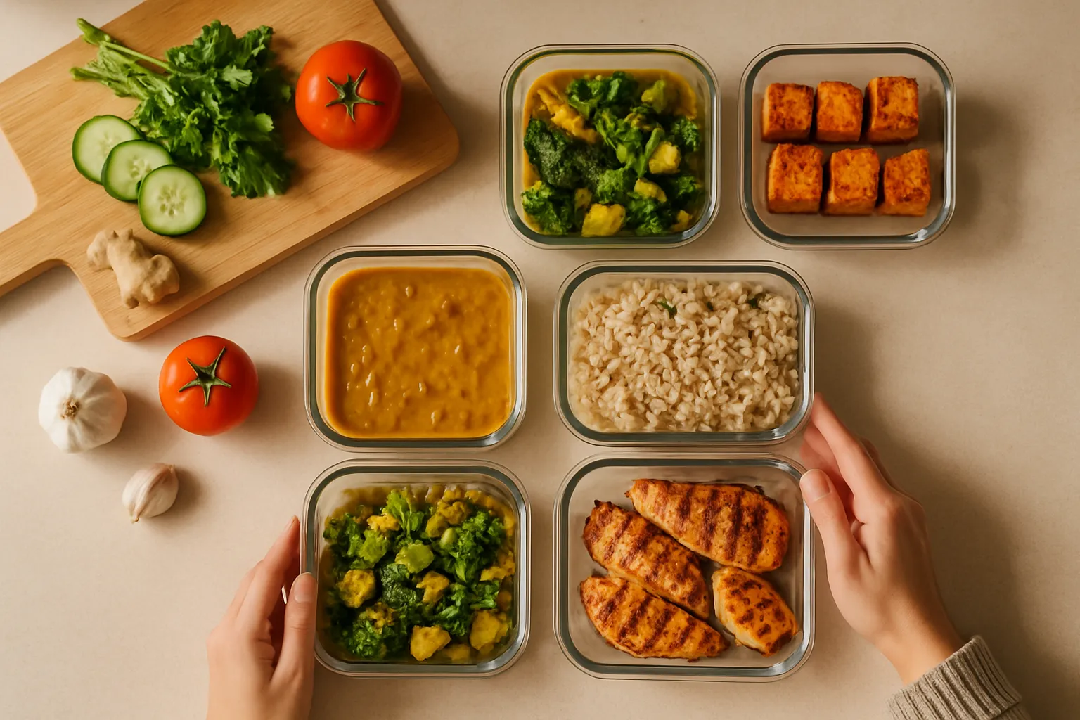 Sunday PCOS meal prep with glass containers of Indian food